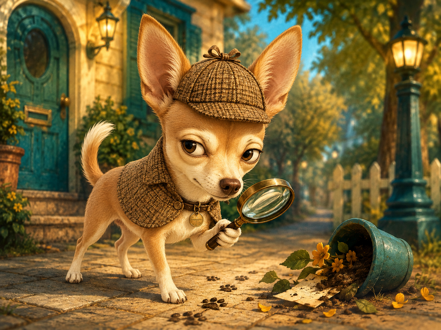 Coco, a tan and white Chihuahua mix detective with a hat and magnifying glass
